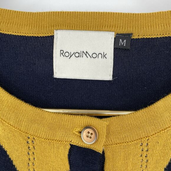 Royal Monk Banned Apparel Navy Yellow Jaquard Cardigan Sweater women's Size M - Picture 3 of 9